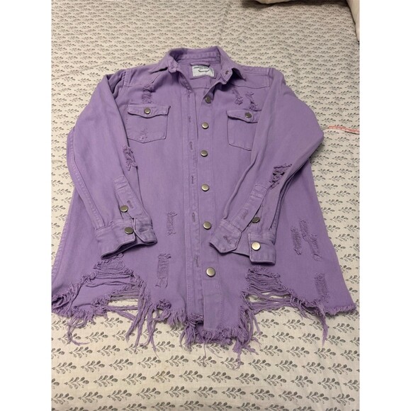 American Bazi Shacket Jacket Womens M Lavender Distressed Frayed Snap - Picture 3 of 7
